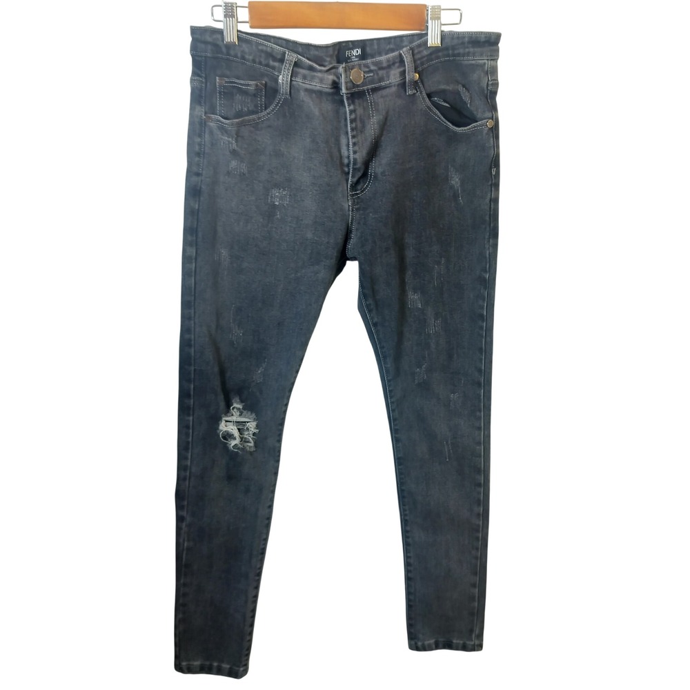 Fendi‎ Roma Mens Distressed Slim Fit Jeans Faded Black Monogram Pocket Italy